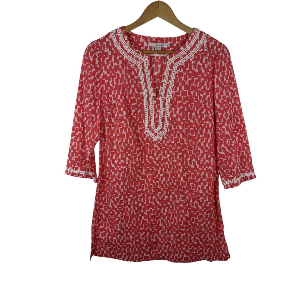 Boden Geometric Cotton Tunic Top Size 6 Coral Crochet Trim Beachy Coastal Preppy